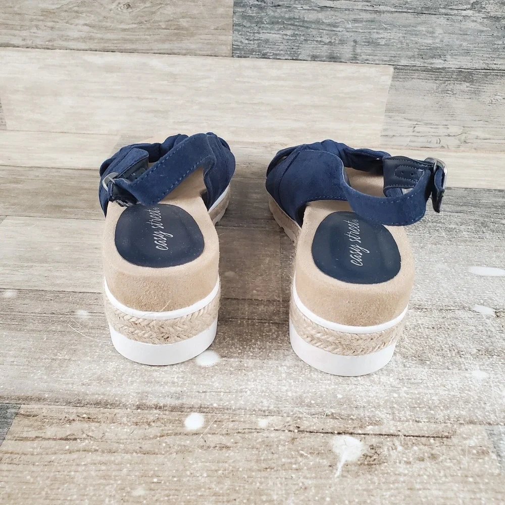 Easy Street Womens Dot Wedge Sandal Sz 9.5 N Navy Blue Suede Slingback‎